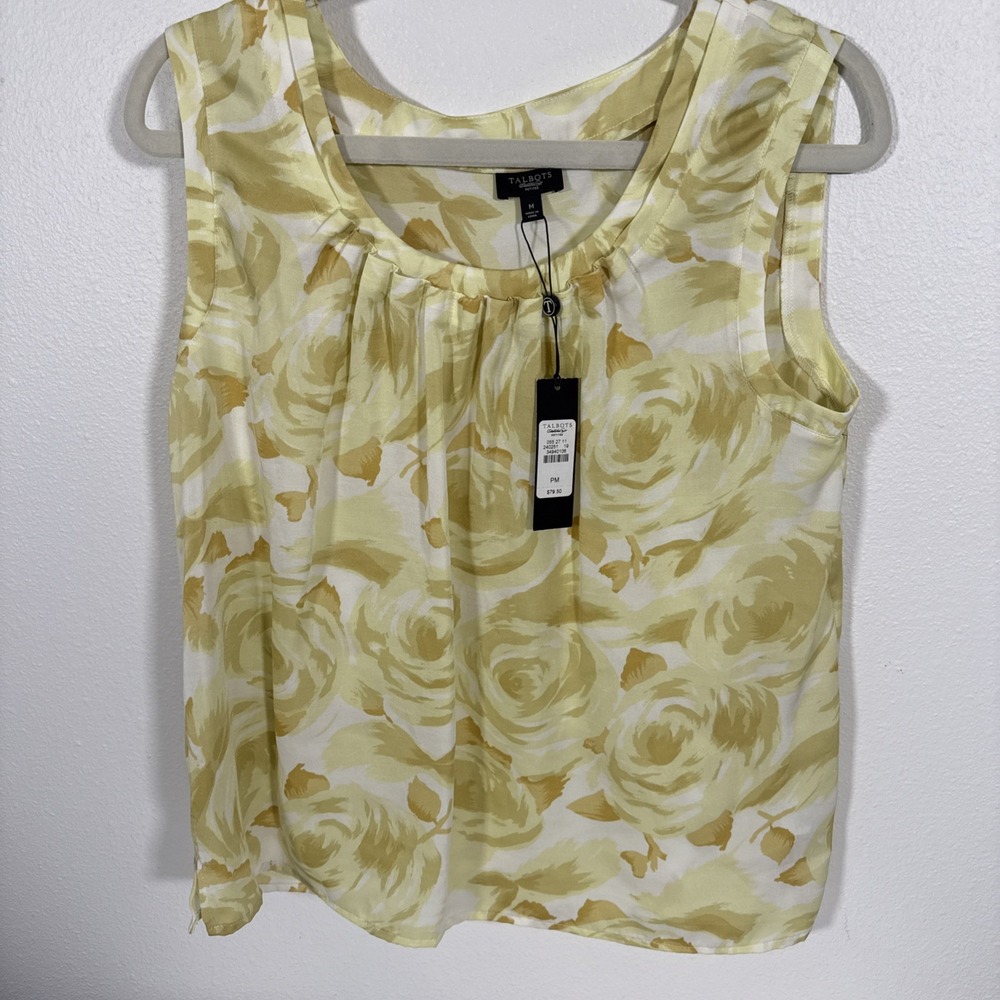 Talbots Ruffle Neck Sleeveless Top Size Medium Petite Yellow Floral NWT Q1
